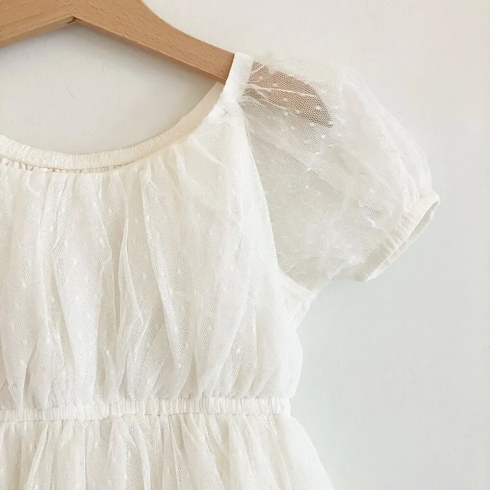 OshKosh Bgosh Puff Short Sleeve Mesh Dress Girls Sz 6 White Polka Dot Layered